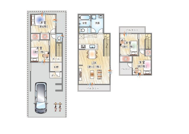 【参考プラン？】(ベストプラン建物価格：2430万円～)　■建物面積：97.71？　■3階建て×4LDK　約18帖のリビングで、ゆとりある団らんの時間を。