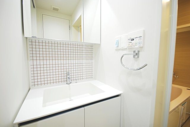 朝の身支度がしやすい独立洗面台。収納もあり、毎日の準備がスムーズです。