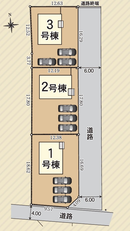 全体区画図　各棟、駐車場スペースは3台以上のゆったりとした区画で広い敷地にゆったりとした配置で住宅が建てられ、日照や通風にも十分に配慮されています。