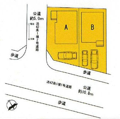 ※B号棟成約済　Ａ号棟　角地　南西側約10.8ｍ・北西側約5ｍ各公道　駐車1台（車種によります）　敷地面積30.9坪