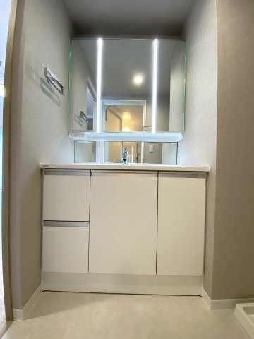 新規交換済みの機能的な独立洗面化粧台です。身支度が快適に整う大型鏡や豊富な収納スペースを備えており、朝の忙しい時間帯もスムーズにご利用いただけます。毎日の生活に彩りを添える空間です。