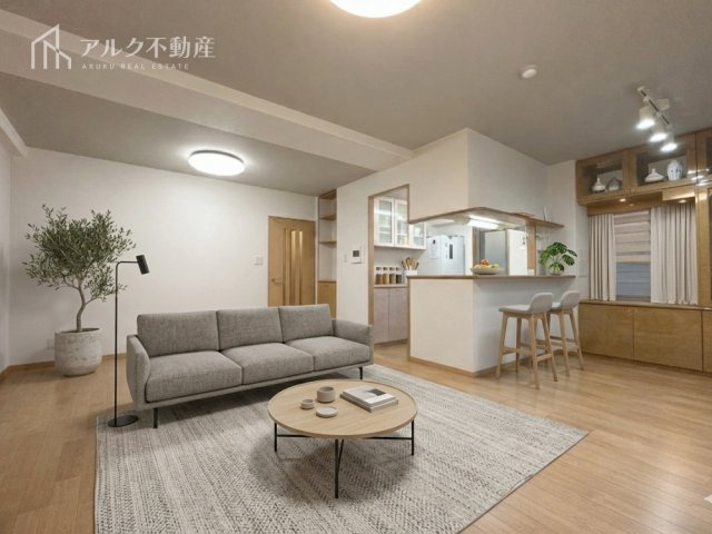 LDK約18.9帖。南向きバルコニーに面した明るいリビング！開放的な空間でゆとりあるおうち時間をお過ごしいただけます。（※AIによる荷物消去およびステージング加工を行った画像です）