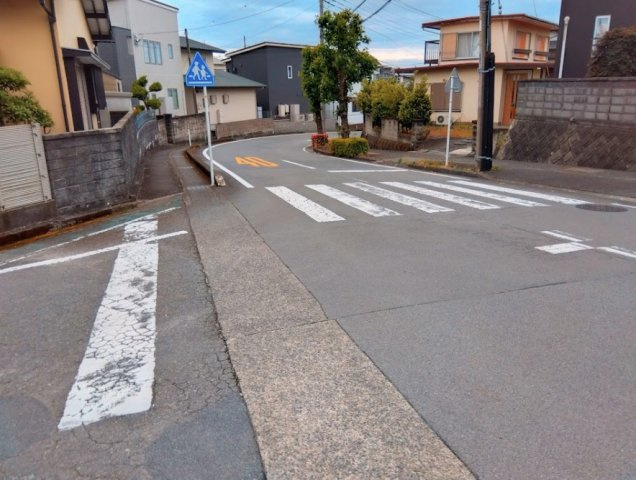 前面道路は歩道・横断歩道が整備されており、通学やお散歩にも安心感のある住環境です。周辺は落ち着いた住宅街が広がり、車通りも比較的穏やかです。