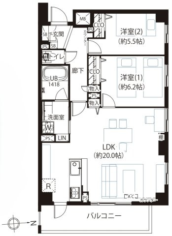 2LDK　専有面積69.50m2　バルコニー面積8.85m2