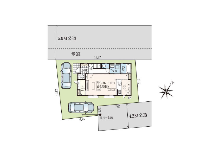 2方の公道に面した開放感のある邸宅です。小学校徒歩6分、中学校徒歩11分なのでお子様の登下校も安心。