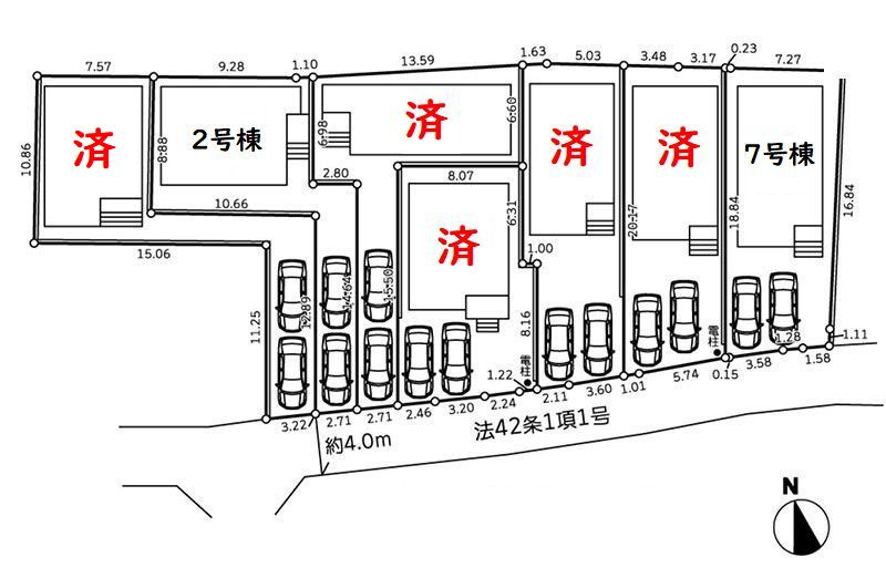 2号棟　南西側約4.0ｍ公道　旗竿地（間口約2.7ｍ）　駐車2台（車種によります）　敷地面積40.3坪（路地状部分敷地含む）