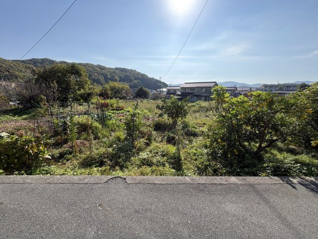 陽光がたっぷり差し込む開放的な敷地。背後に広がる山の景色が心地よい自然環境をつくり、家庭菜園や多様な用途に利用しやすいゆとりある土地です。敷地と道路には高低差があります。