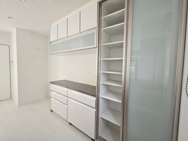 キッチンの後ろには収納が備わっており、使いやすい仕様です。