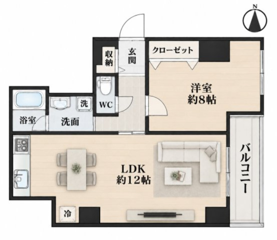 【間取り】　専有面積47.82？、バルコニー面積4.40？の1LDK
