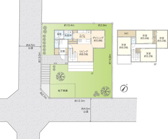 （ウスイホーム建物プラン例）建物価格3500万円、建物面積107.65m2　※設計料、外構費用等は別途費用となります。ウスイホームでは無料にて好みのプランを作成いたします。お気軽にお問い合わせください