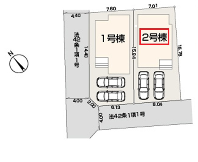 【全2棟・2号棟】　並列駐車2台可、南東道路に面し日当たり良好です。