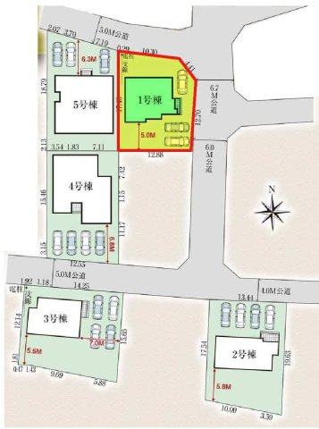 1号棟　区画図　北側接道幅員約5ｍ　東側接道幅員約6ｍ　