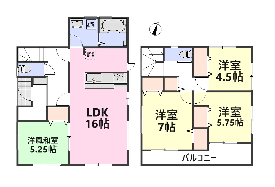 4LDKの使いやすい間取り。16帖LDKに洋風和室付きです。