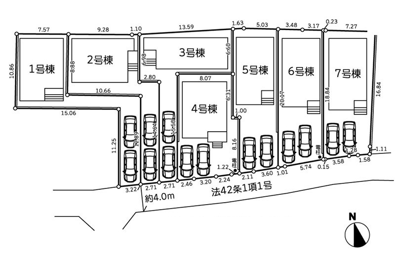1号棟　南西側約4ｍ公道　旗竿地（間口約3.2ｍ）　駐車2台（車種によります）　敷地面積42.1坪（路地状部分含む）