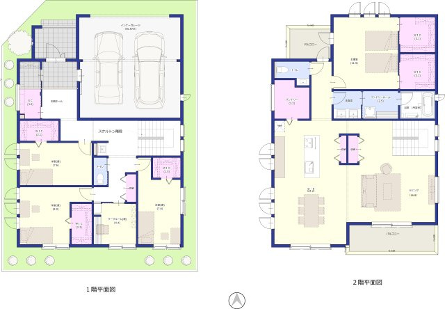 ■建物プラン例（間取図）建物面積：257.37m2（77.85坪）、建物価格：14168万円　※別途、外構工事費・付帯工事費・諸費用等が必要となります　※当該プランの採用および変更は自由に可能です