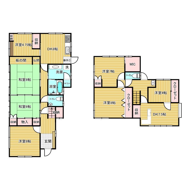 ゆとりある間取りで二世帯や大家族でも快適に暮らせる設計。1階は和室中心で来客対応やくつろぎ空間に最適、2階は洋室＋DKで生活空間を分けやすくプライバシーも確保。収納やWICを備えた住まいです。