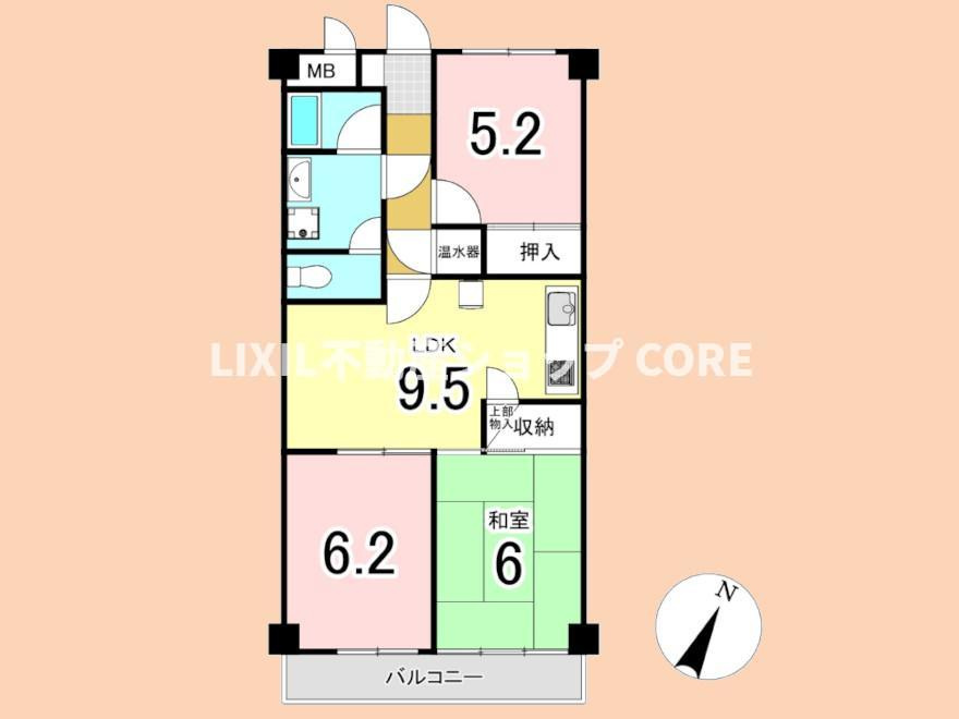 南向きバルコニーに2部屋が面した、日当たり良好な3LDKです。各居室へアクセスしやすい9.5帖のLDKを中心に、独立洗面台やバストイレ別など水回りも充実。和室のある落ち着いた間取りです。