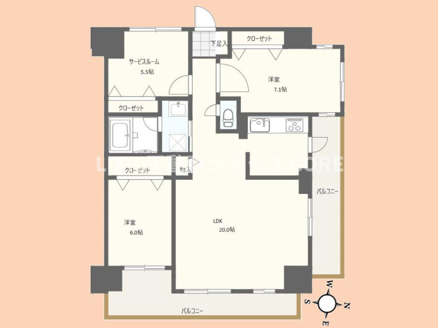 家族が集まる20帖の広々としたLDKが最大の魅力です。全居室5.5帖以上でそれぞれにクローゼットを備え、収納力も抜群。2面バルコニーのある開放的な角部屋で、ゆとりある生活が送れる間取りです。