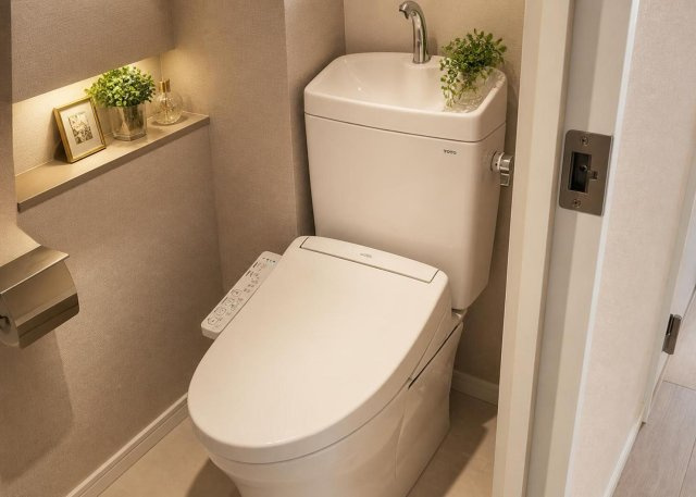 2026年7月に新品へと交換済みの清潔なトイレ空間です。快適にご利用いただける温水洗浄便座を設置しており、毎日のお手入れもしやすい壁紙と床のシンプルなデザインに一新されていて気持ち良く使えます。