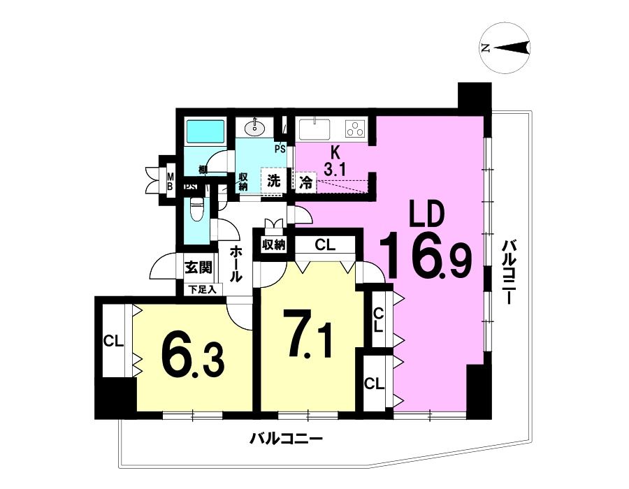 2LDKの広々とした間取りになります。
