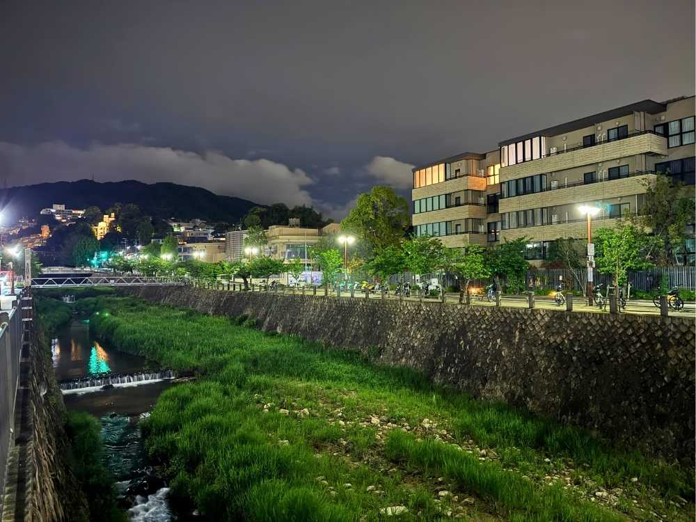 四季折々の彩りを見せる芦屋川。昼は澄んだ空と豊かな緑に癒やされ、夜は静寂の中に美しい街の灯りが広がります。散策やジョギングも心地よく、豊かな時間が流れる憩いの場所です。