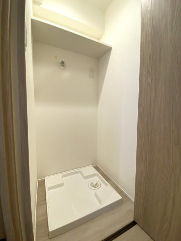 室内洗濯機置場スペースです。上部や周辺に洗剤やハンガーなどの洗濯用品を置くことができるため、毎日の洗濯作業を効率よくスムーズに行うことができる使い勝手の良い設計です。