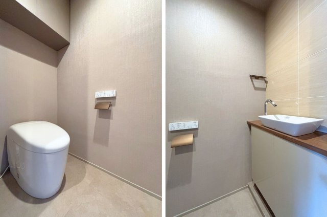 上質感あるトイレ空間。手洗い付きで衛生面にも配慮された快適設計です。
