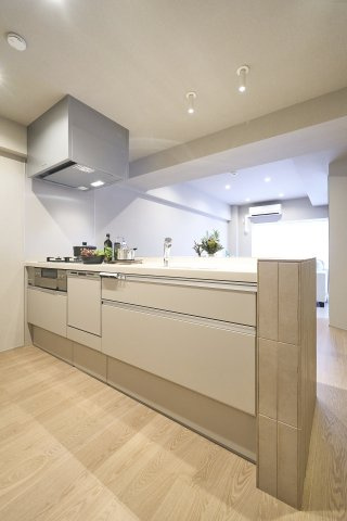 カウンター越しにリビングを見渡せるオープンデザインのキッチン。手元での調理作業を進めながら室内にいる相手との会話も楽しみやすく、日々の家事をスムーズに行える機能的な配置となっています。