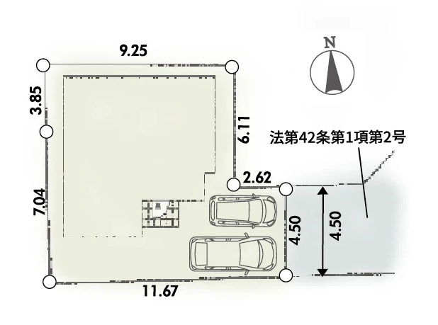旗竿地（間口約4.5ｍ）　東側約4.5ｍ開発道路（私道・持分有）　駐車並列2台（車種によります）　敷地面積33.3坪（路地状部分敷地含む）