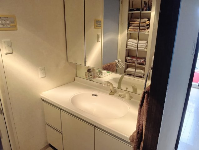 独立洗面台があるので収納スペースも多くあります。朝の身支度もはかどりますね。
