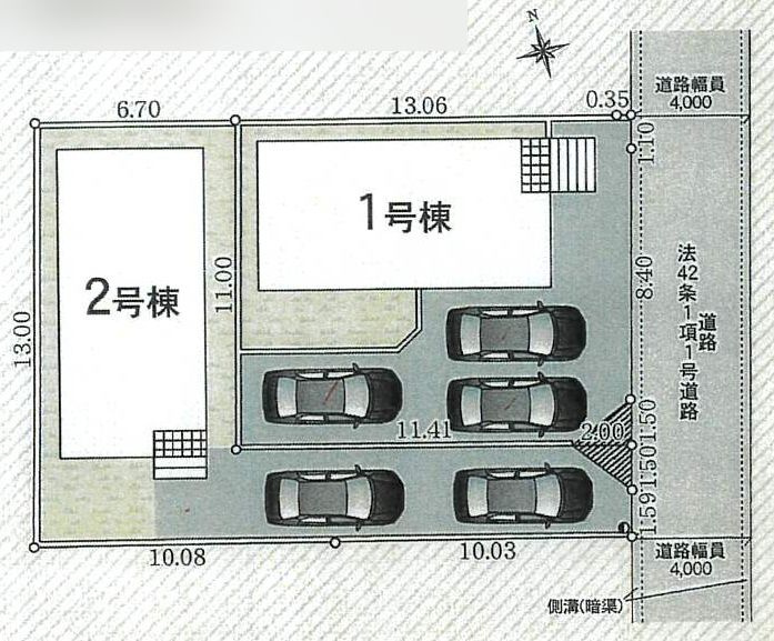 2号棟　旗竿地（間口約3.0ｍ）　東側約4.0ｍ公道　駐車2台（車種によります）　敷地面積41.1坪（路地状部分含む）　※協定地有