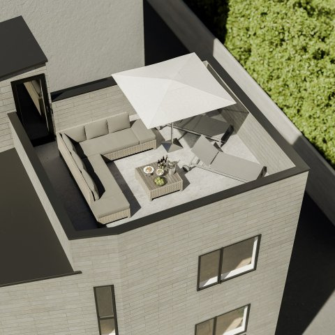 青空の下でリフレッシュできる開放的な屋上空間。パラソルやソファを置いて、ご家族でティータイムや読書を楽しめるプライベートな外遊びの場に。心地よい風を感じながら、日常に特別な寛ぎを添える空間です。