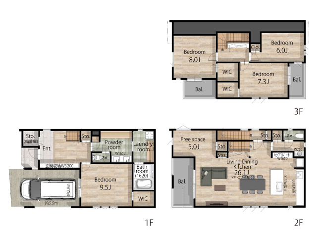 建物参考プラン（3階建。建物面積約178.51？の4LDK+P。建物参考価格5500万円）