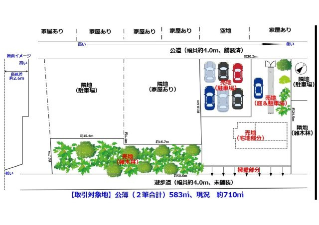 山林を含む210坪超の広々敷地、道路の間口が20ｍ以上あるので、車の駐車もラク！