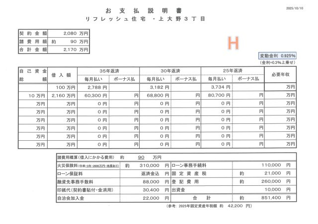 お支払い説明書（一例）　必要な諸費用全て含め計算しております。ご入居後に余分な出費はございません。