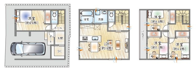 【参考プラン？】(ベストプラン建物価格：2480万円～)　■建物面積：98.56？　■3階建て×4LDK　SIC＋各居室収納付きで収納充実。主寝室も広く、ゆとりのある住まい。
