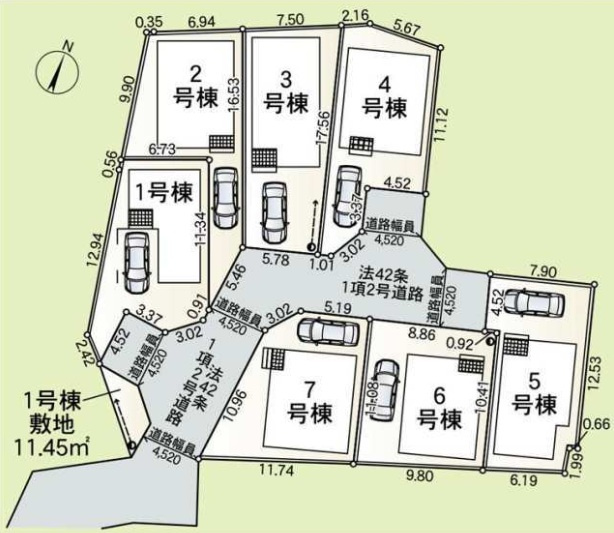 5号棟　旗竿地　西側約4.5ｍ公道　駐車1台（車種によります）　敷地面積31.8坪