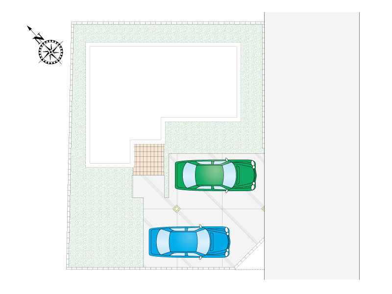 2号棟　区画図　並列2台駐車可能です。前面道路は幅5.5ｍあり、車の出し入れもしやすいです。外水栓はホースをつないで洗車やガーデニングなどにご活用いただけます。