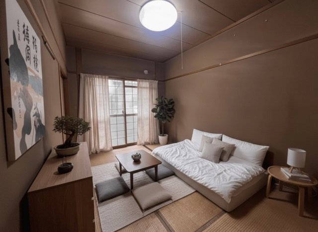 押入付きの和室　※本画像はAIによる家具配置です。実際の仕様とは異なる場合があります。リフォームのご相談も承ります。