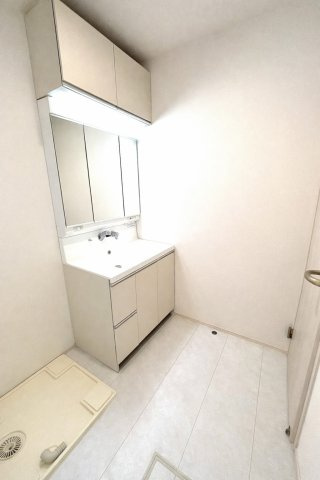 独立洗面台、小物を置くことができて便利です
