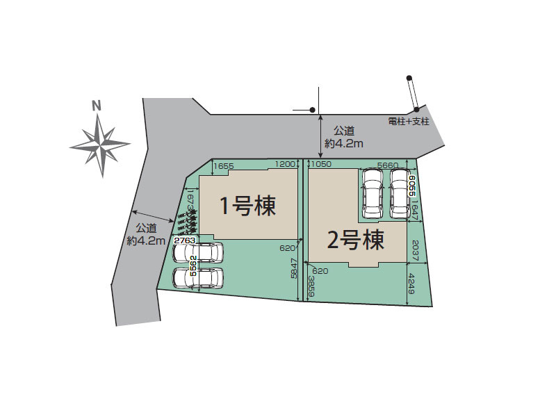 2号棟/2台並列駐車でき、セカンドカーをお持ちの方にもおすすめ。※図面を基に作成しています。現況と異なる場合は現況を優先いたします。