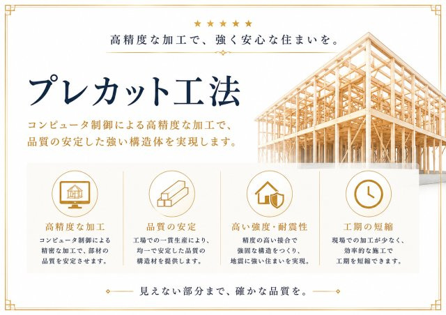 プレカット工法採用。高精度な加工で、耐震性と品質の安定した住まい。