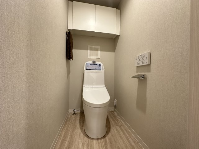 高級感のあるトイレスペースです。上部に収納もあり、すっきりと使えそうです。