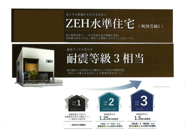 断熱等級5のZEH水準住宅で一年中快適・省エネ。さらに高ランクの耐震等級3で家族の安心を守ります。