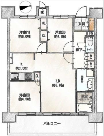 ファミリー層に人気の3LDK60.31平米のゆとりある間取り。各居室に十分な広さと収納が確保されており、家族全員がプライベートな時間を大切にしながら、リビングで快適に集える理想的な空間設計です。