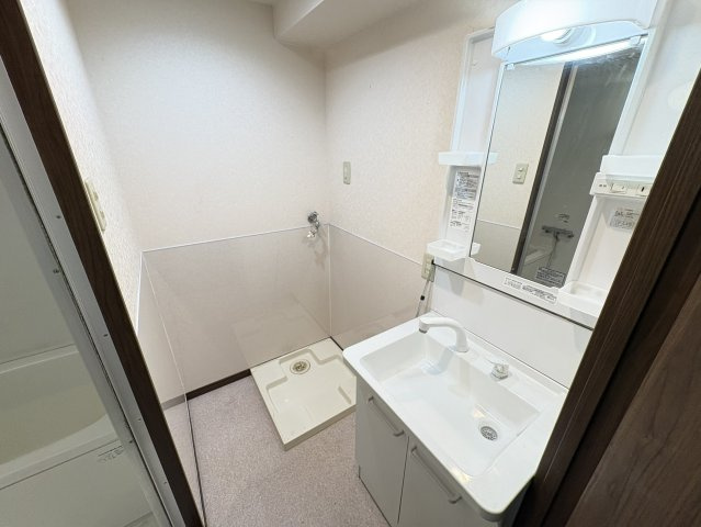洗面化粧台と洗濯機置場がまとまった使い勝手の良い空間です。独立洗面台は収納付きで、洗面用品をすっきり整理できます。浴室へもスムーズに移動できる配置で、毎日の身支度や入浴準備も快適です。