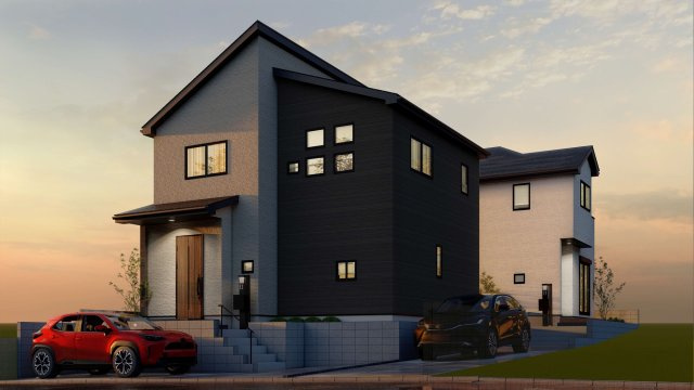 完成予想パース　手前が1号棟、奥が2号棟です。