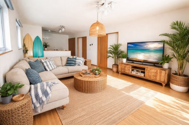 家族の声が重なるたび、部屋がぬくもりで満ちていく。“ただいま”から“おやすみ”まで、心がつながるリビングです（AIによる加工をしています）