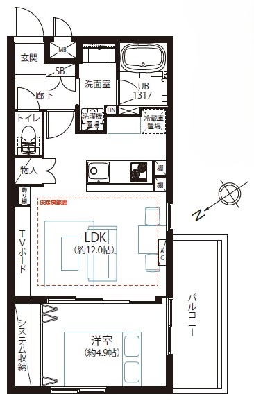 生活動線や家具の配置をイメージしやすい機能的な間取り図。無駄のないコンパクトなレイアウトで、水回りへのアクセスも良く、日々の暮らしを快適かつスムーズにサポートしてくれる住まい設計です。