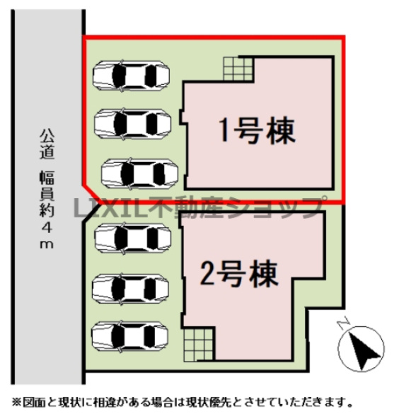 【区画図】1号棟　区画図です。　駐車場は並列3台駐車可能です！ぜひ現地で道幅等ご確認ください！
